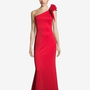 Betsy & Adam One-Shoulder Ruffled Scuba Gown